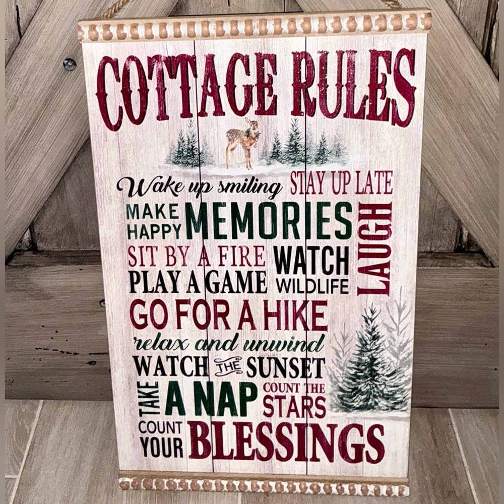 Cottage Rules Decorative Rustic Wood Wall Decor Sign, NWT